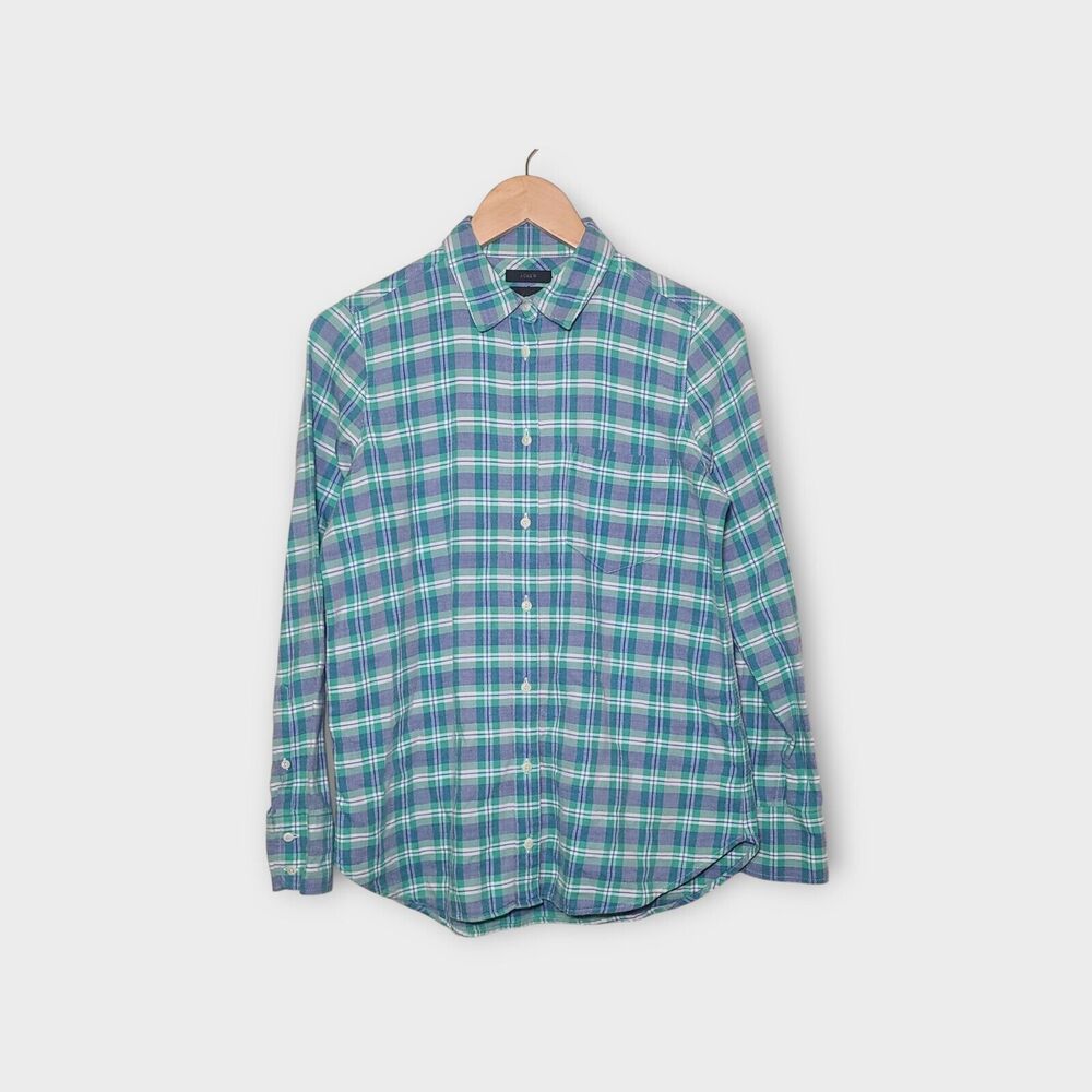 J. Crew Women's Size 4 Boy Fit Plaid Button Front Shirt Green/ Blue 100% Cotton